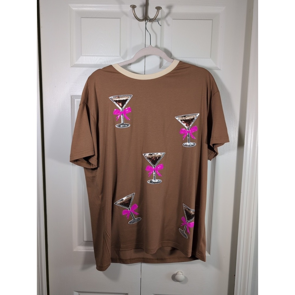 Jess Lea Brown Short‎ Sleeve Martini Bow Sequin Top Size M NWOT